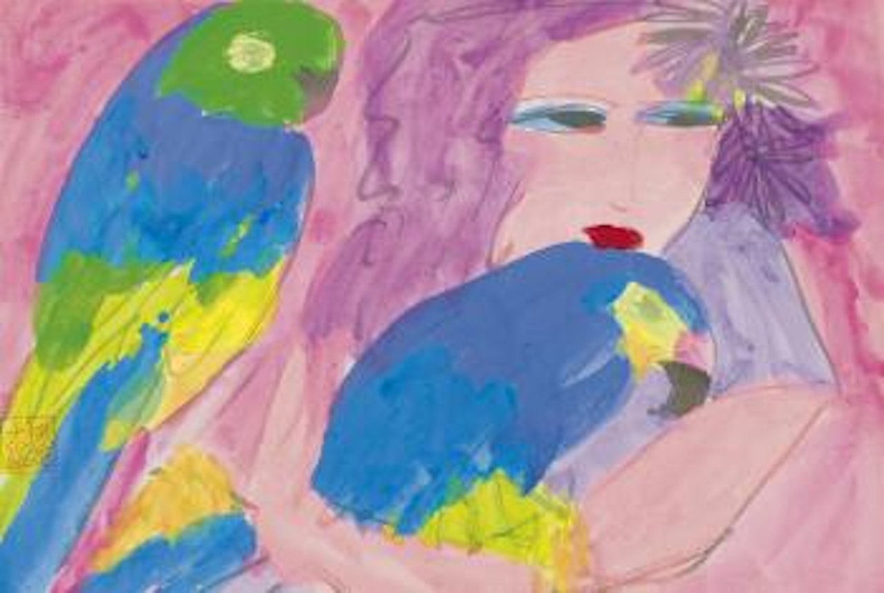 Woman with two parrots by Walasse Ting