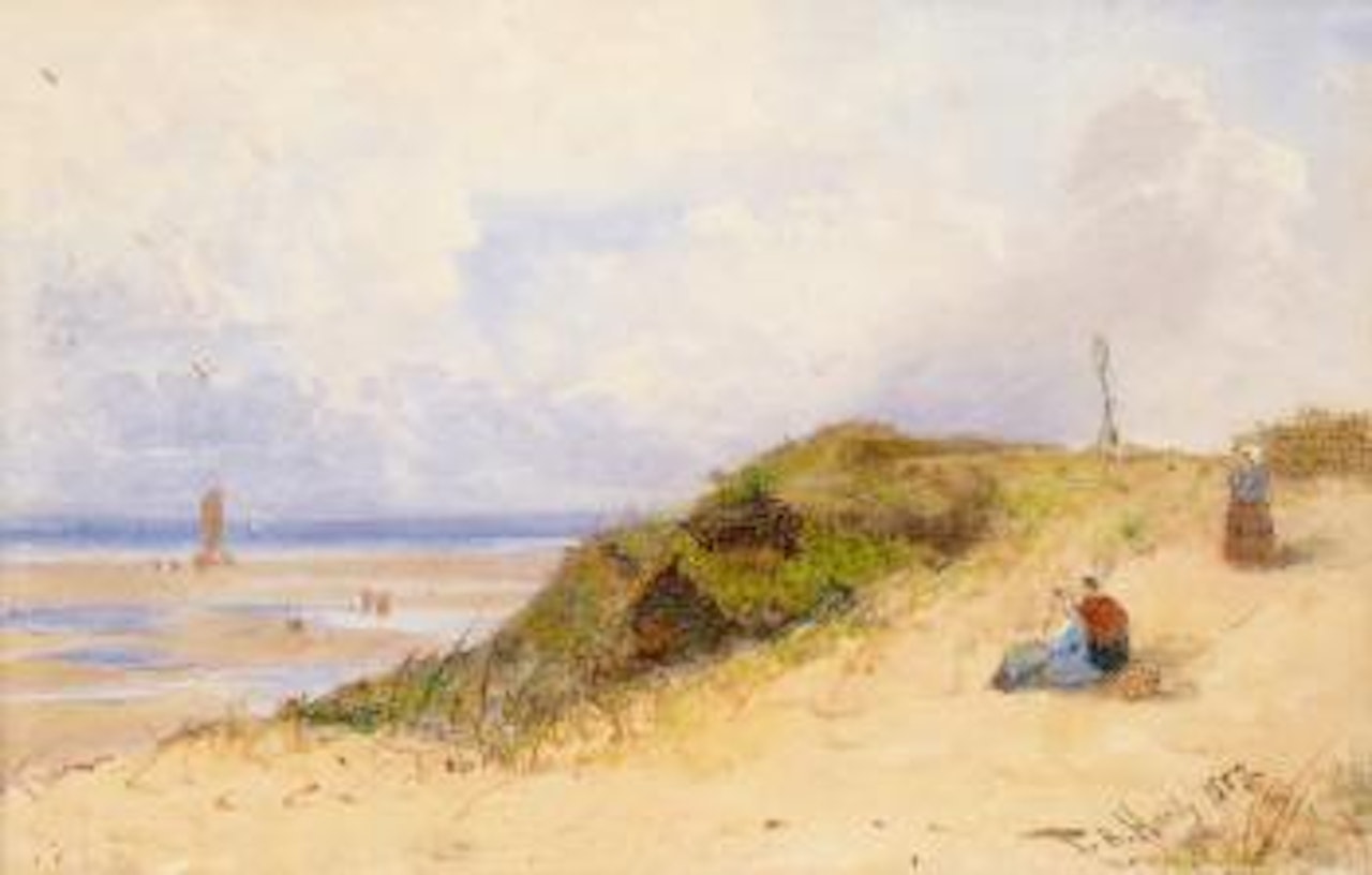 A Dutch coastal scene with figures in the foreground by Thomas Bush Hardy