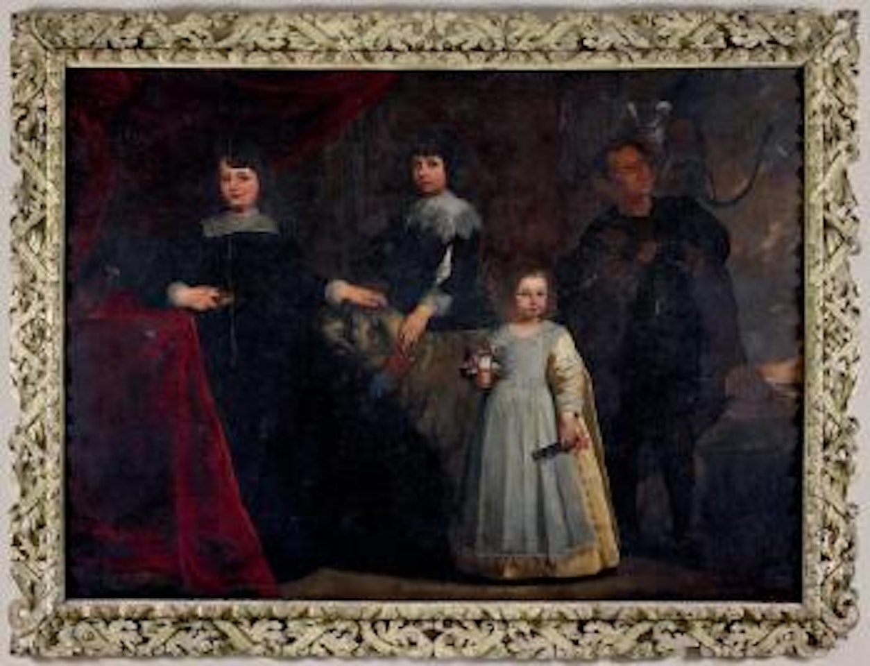 Portrait de trois membres d'une famille et de leur serviteur, accompagnés de leur chien, d'un singe et d'un perroquet by Flemish School by Italian School