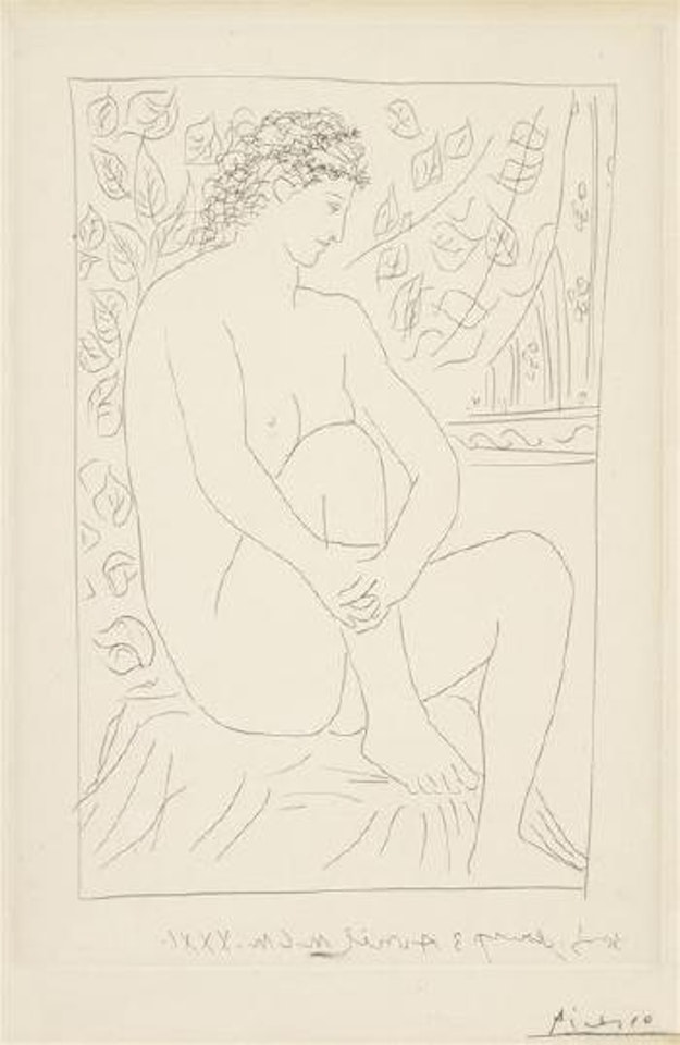 Femme nue assise devant un rideau by Pablo Picasso