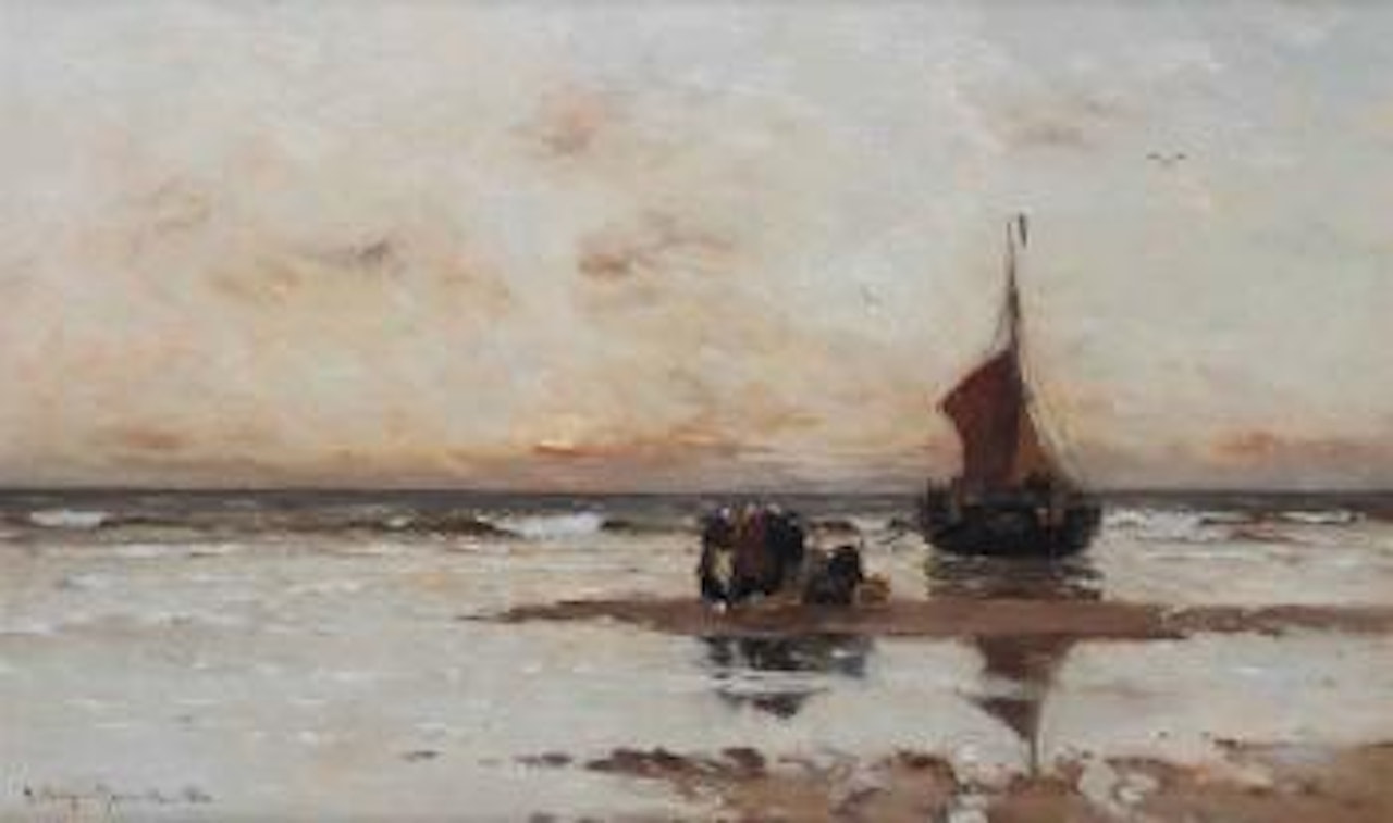 Fisherwomen by a beached bomschuit by Gerhard Arij Ludwig Morgenstjerne Munthe