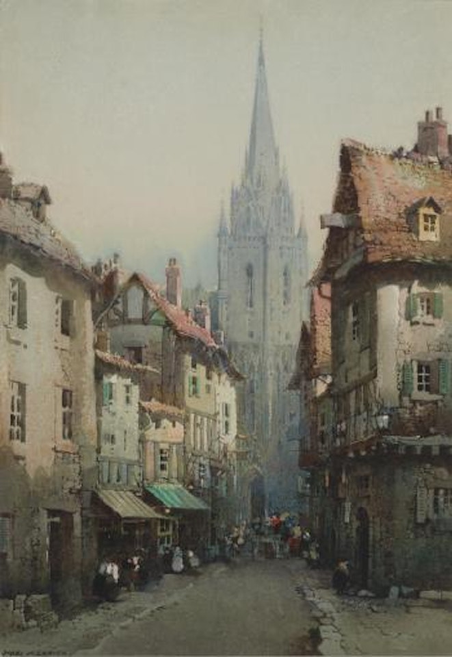 A busy street near a cathedral by Noel Harry Leaver