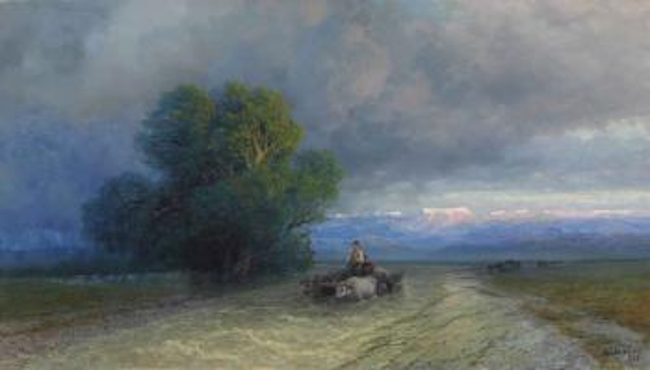 Ox-cart crossing a flooded plain by Ivan Konstantinovich Aivazovsky