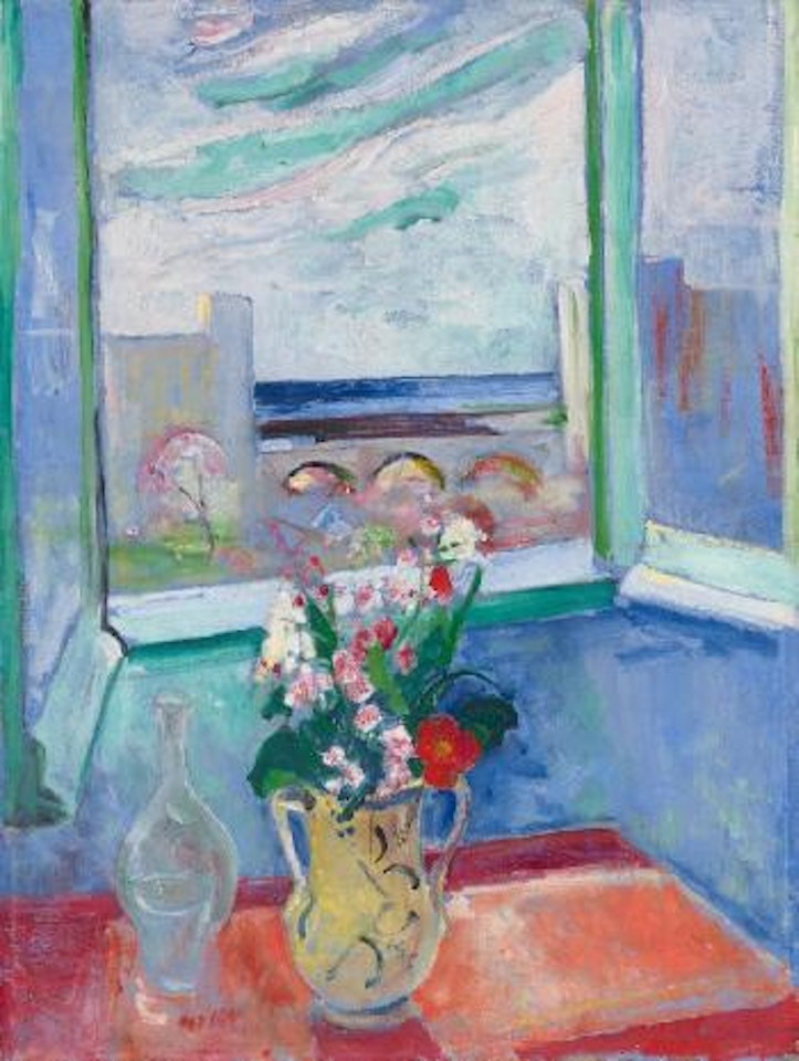 Levanto I, Blumenstrauß Am Fenster, Mit Brücke by Oskar Moll