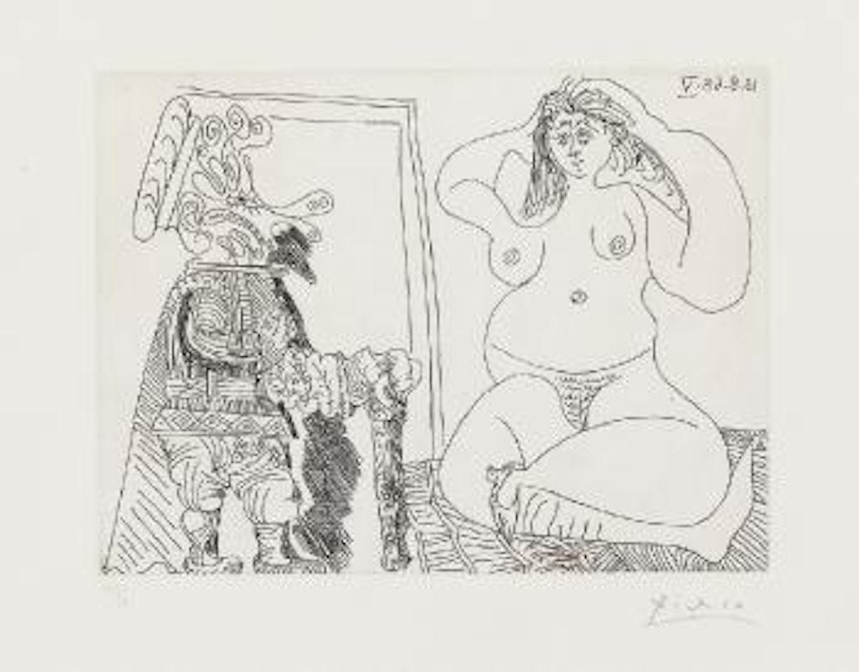 Femme Nue Assise En Tailleur Et Grotesque La Main Sur Le Coeur by Pablo Picasso