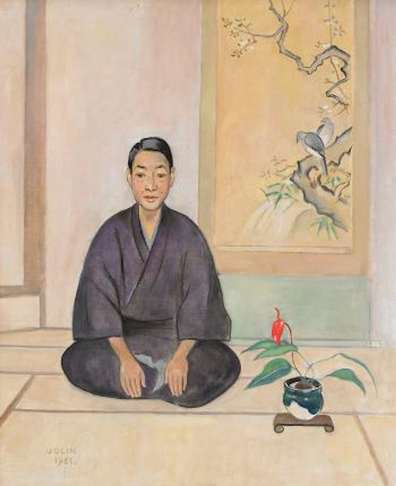 Japansk interiör med sittande man vid stilleben med bord. Föreställande konstnären Haruo Sezaki by Einar Jolin