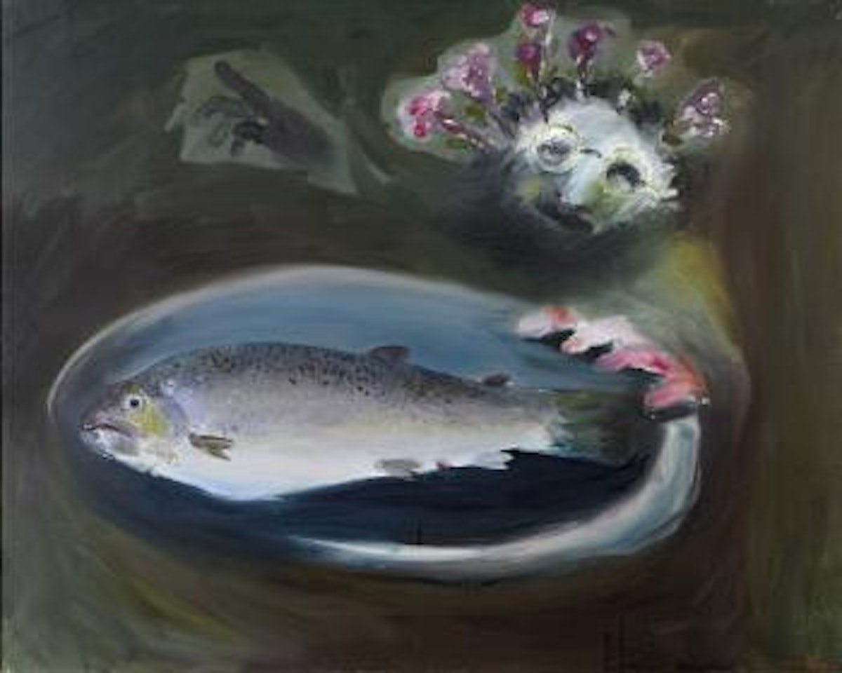 Pointing woman with trout by Arthur Merric Bloomfield Boyd