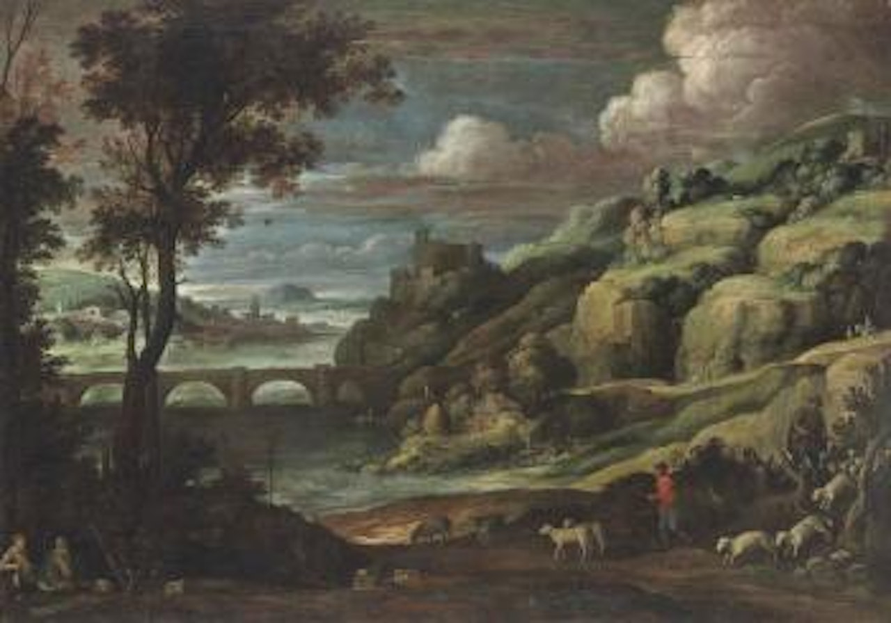 An extensive landscape with a castle on a hill above a bridge, with shepherds on a path and birdcatchers resting in the foreground by Paul Bril