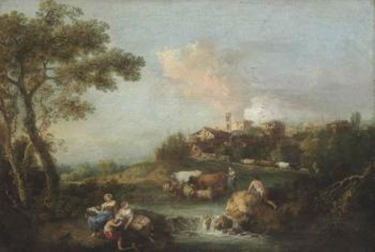 Shepherds and shepherdesses fishing by a stream in an Italianate landscape by Francesco Zuccarelli