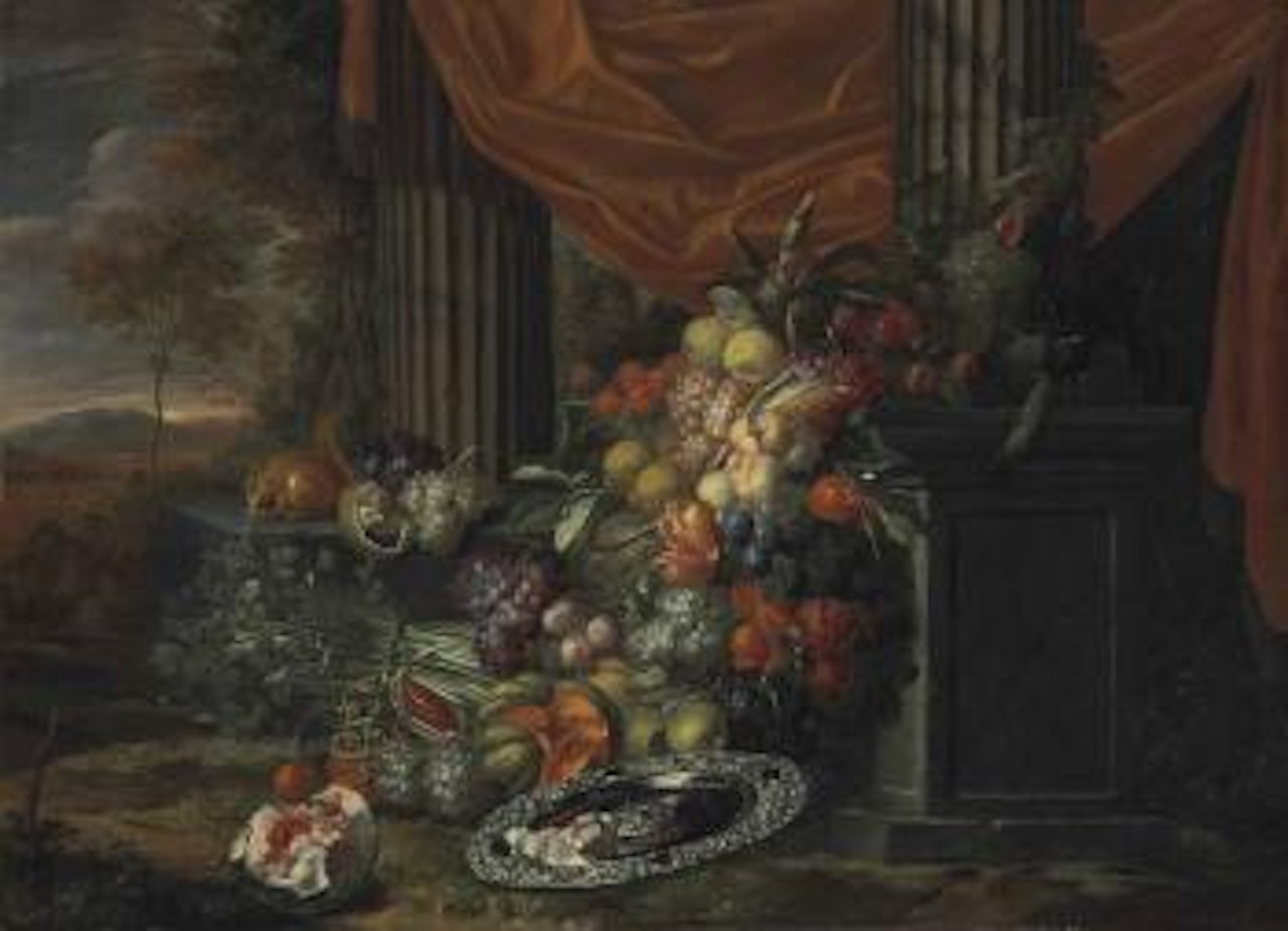 Fruits, vegetables, and a silver tray with a bird and a squirrel in a classical portico before a landscape by Jan Pauwel Gillemans