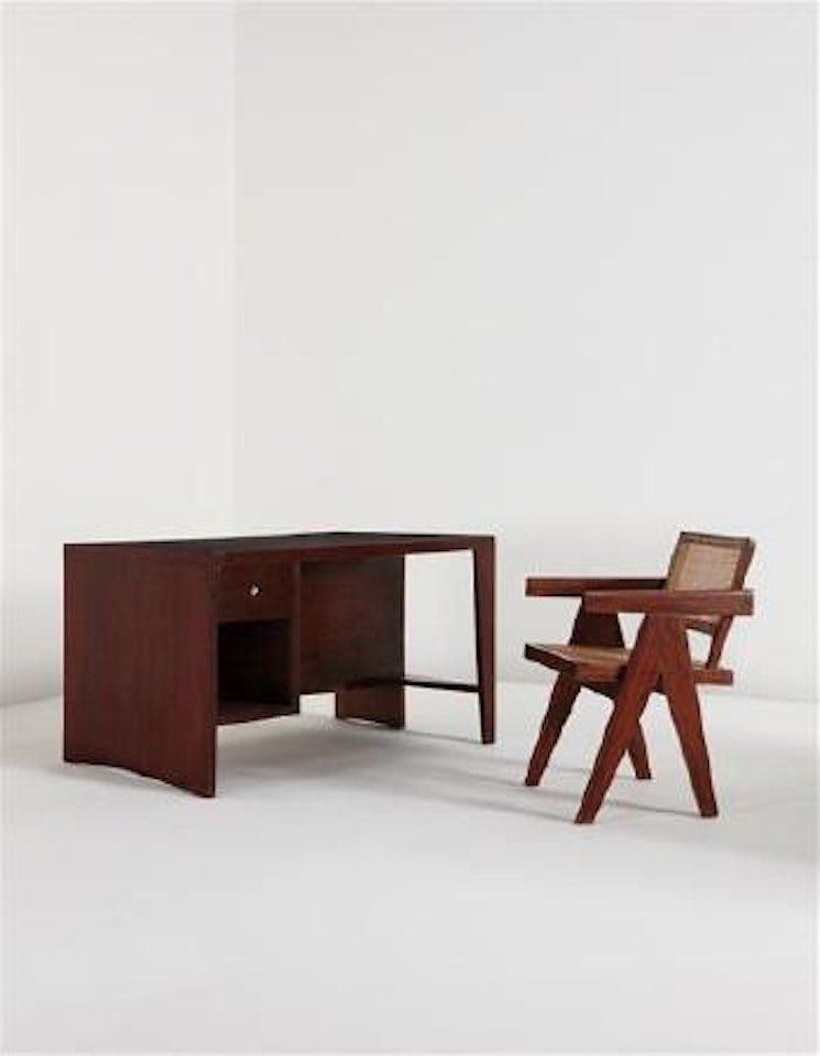 Office desk and chair designed for the administrative buildings, Chandigarh, model nos. PJ-BU-O2-A and PJ-SI-28-A by Pierre Jeanneret