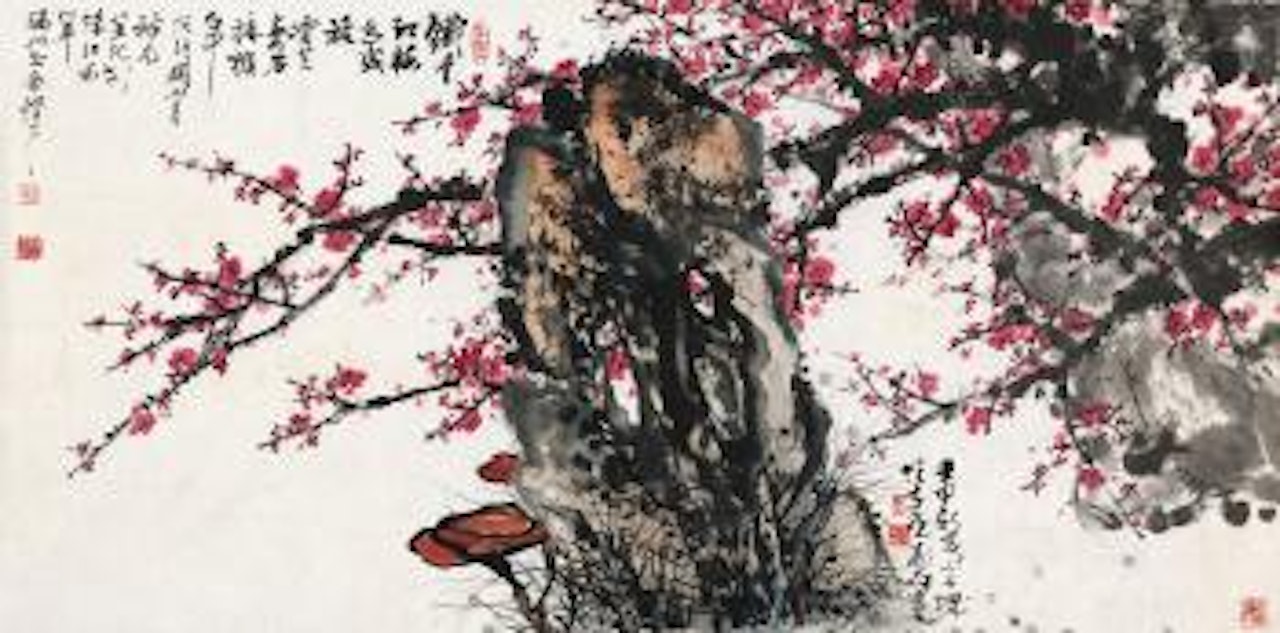 Ganoderma, Rock and Red Plum Blossoms by Guan Shanyue by Li Xiongcai
