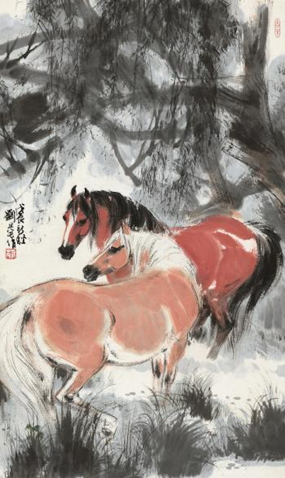 Two Horses Standing Under The Willow Trees by Liu Danzhai