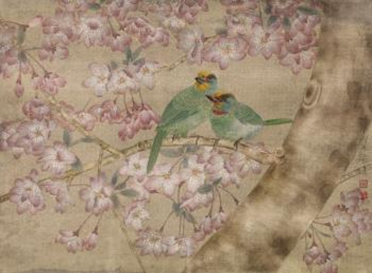 Green Birds And Pink Flowers by Jiang Hongwei