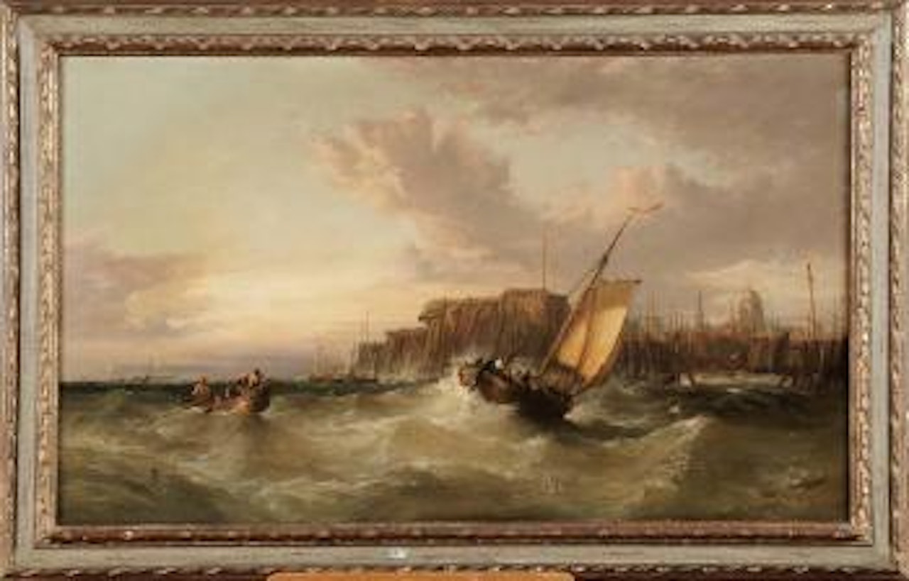 Bateaux dans la tempête à la sortie du port by James Webb