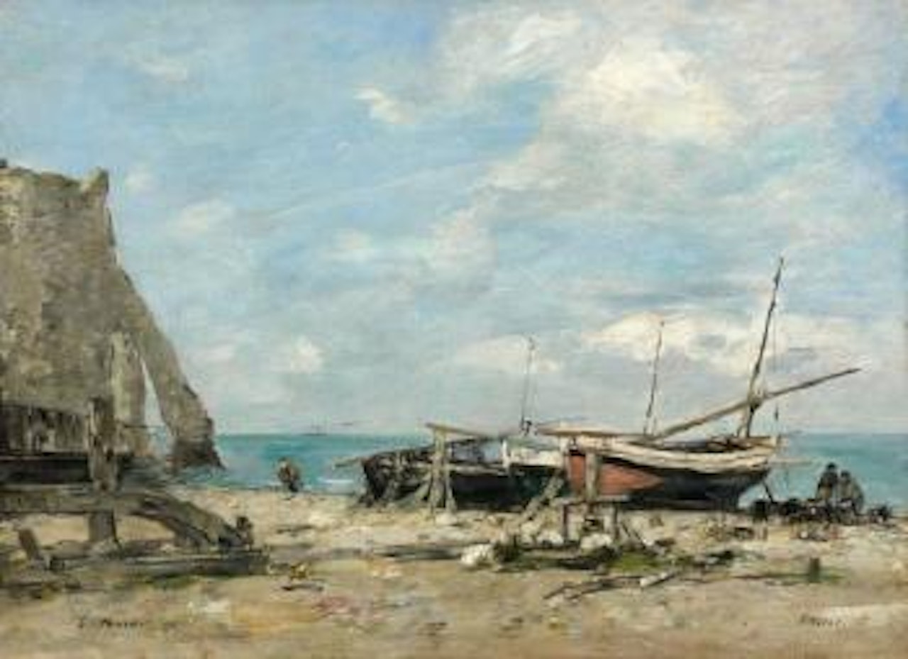 Etretat, Bateaux De Peche Sur La Plage Et Falaise d'Aval by Eugène Boudin