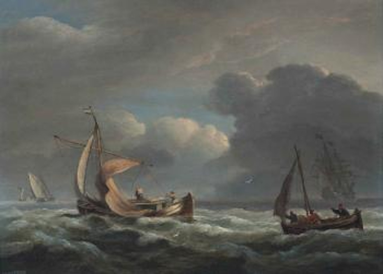 Fishermen reefing-down in an approaching storm, with a Dutch warship beyond by Thomas Luny