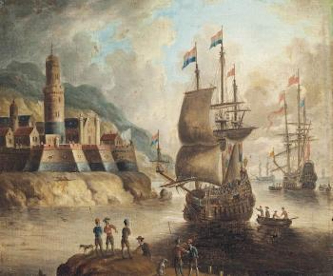 Dutch and English men-o'war lying off a fortress by Pieter van de Velde