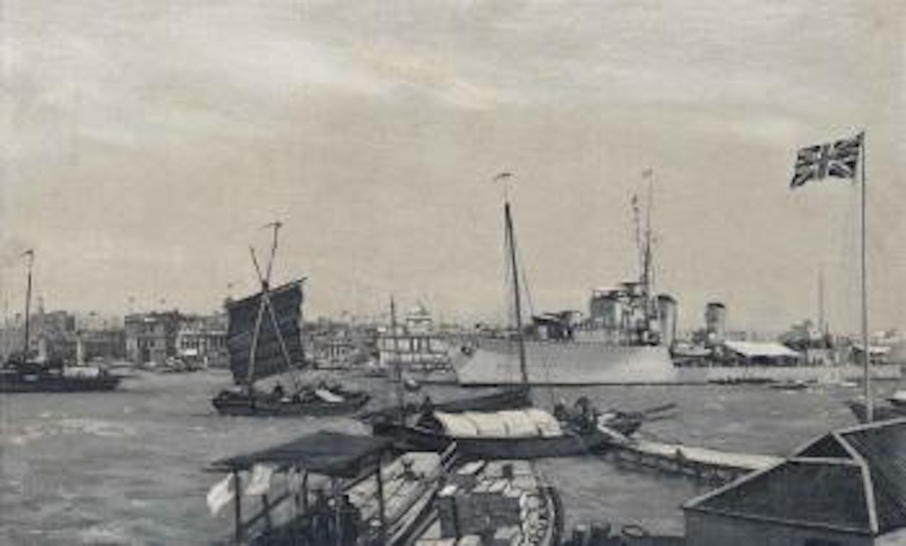 A British warship lying in the harbour at Shanghai, China by Montague Dawson