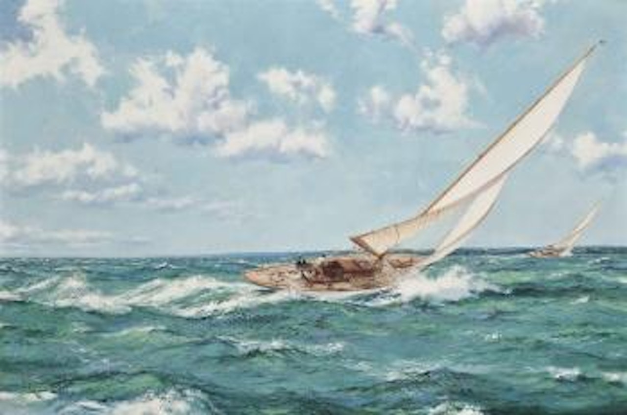 A strong breeze on the port quarter: Eight metre yachts racing towards the windward mark in the Solent by Montague Dawson