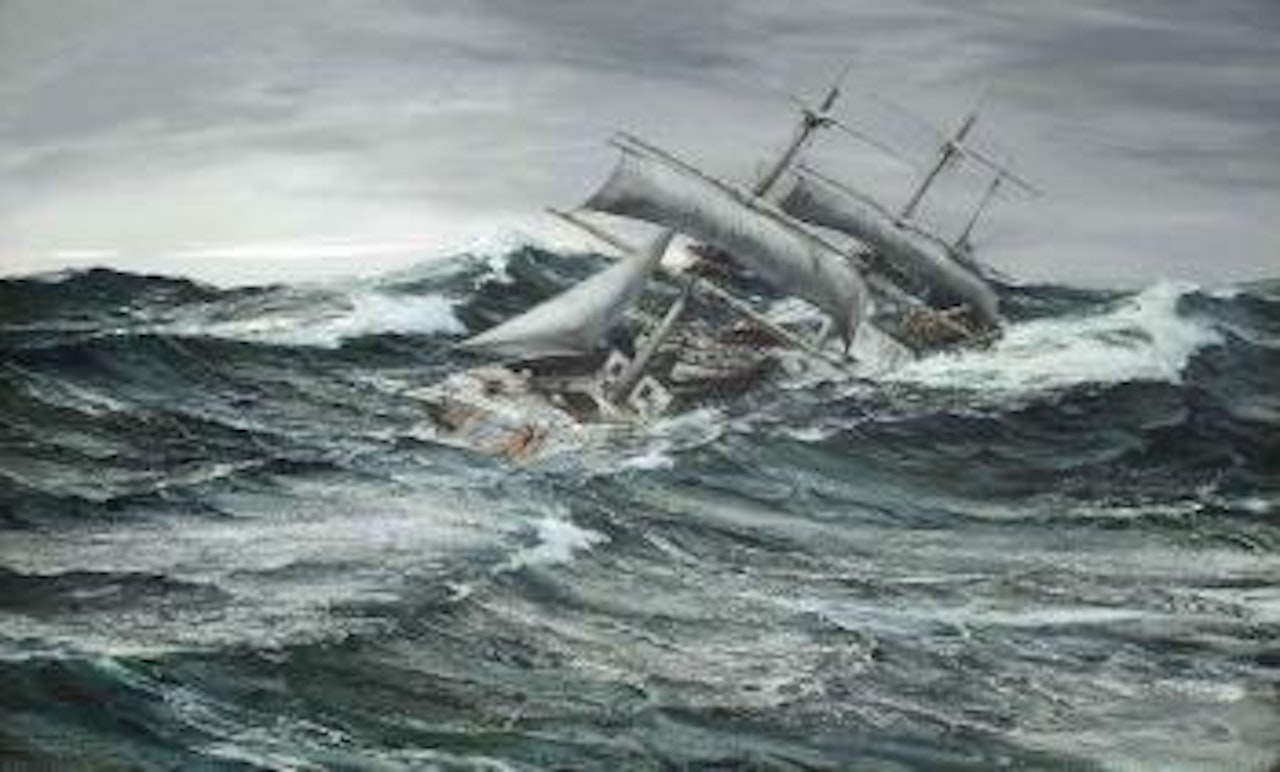 A three-master rounding Cape Horn, in a lively sea by Montague Dawson