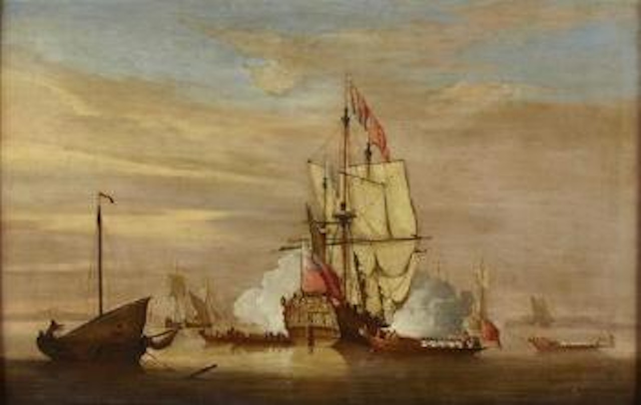 The Landfall Of The Royal Caroline, Firing A Salute by Peter Monamy
