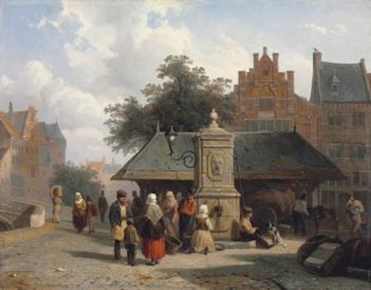 By the well in a Dutch town square by Cornelis Springer