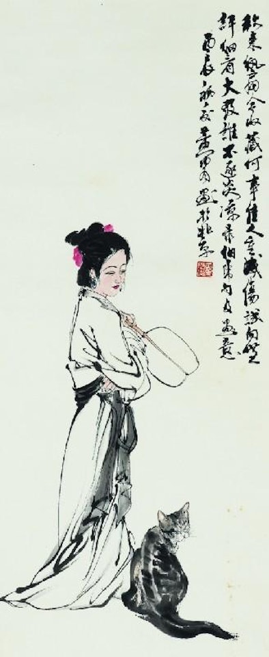 A lady with a fan looking down to a cat by Huang Zhou