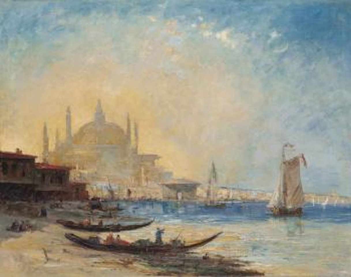 Trading vessels on the Bosphorus before the Yeni Cami mosque, Istanbul by Félix Ziem