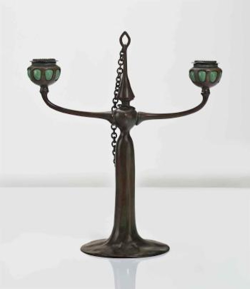 A Two-Arm Candlestick With Snuffer by Tiffany Studios