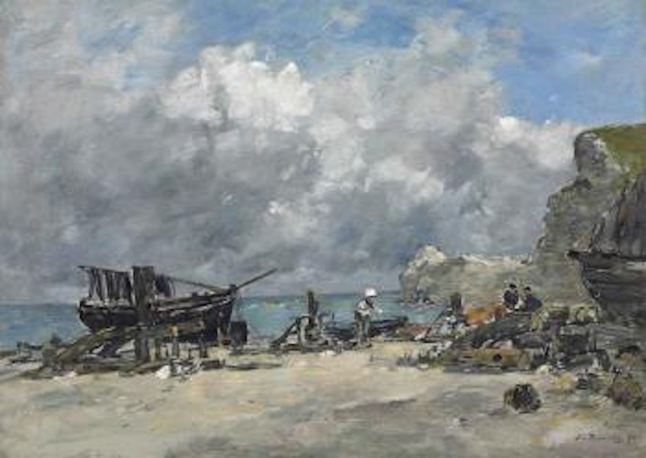 Etretat. Bateaux de pêche et pêcheurs sur la plage by Eugène Boudin