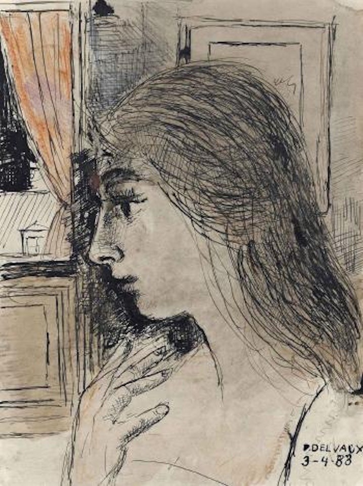 Femme de profil devant un rideau rouge by Paul Delvaux
