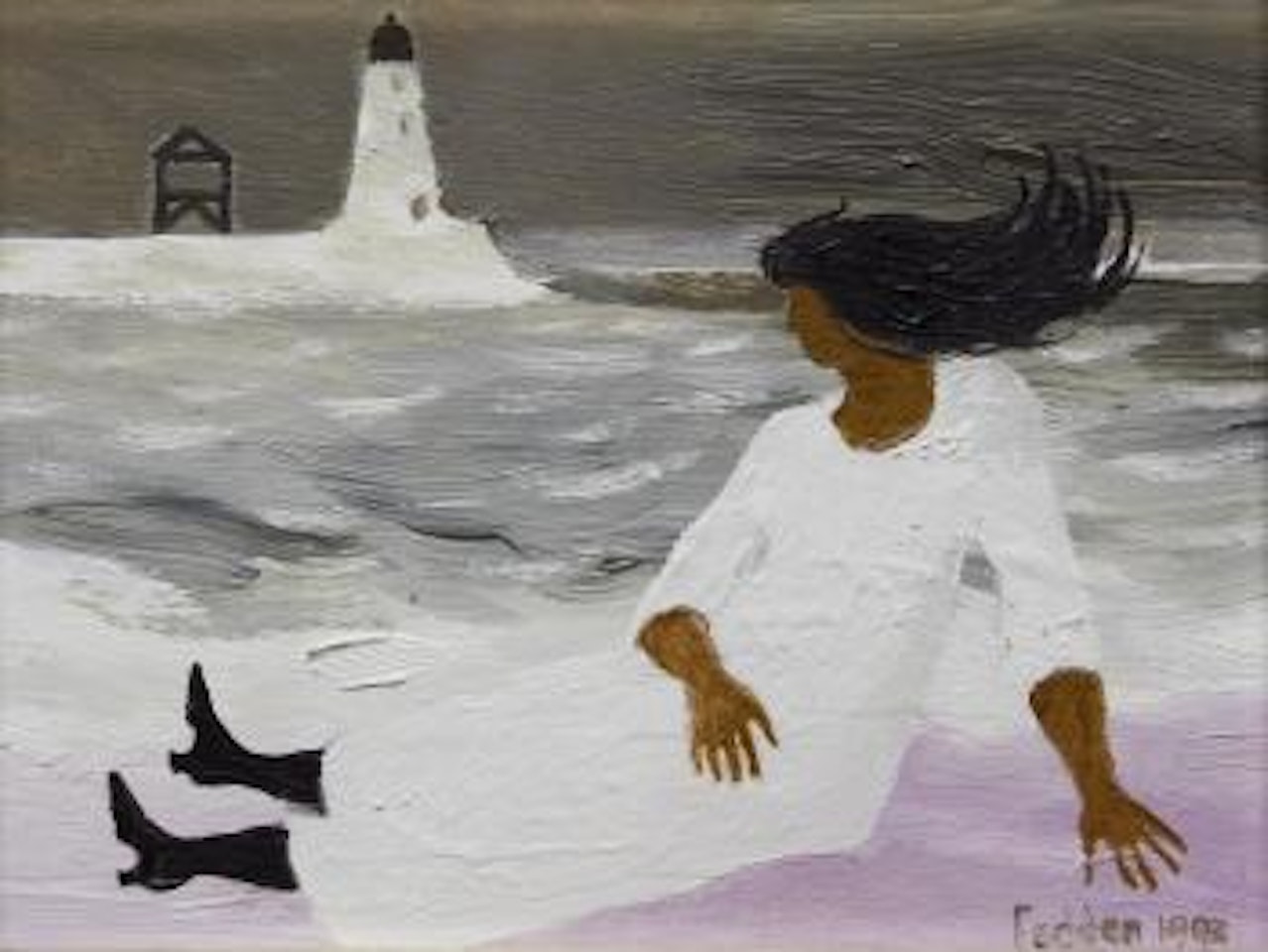 Lady on a beach with lighthouse beyond by Mary Fedden