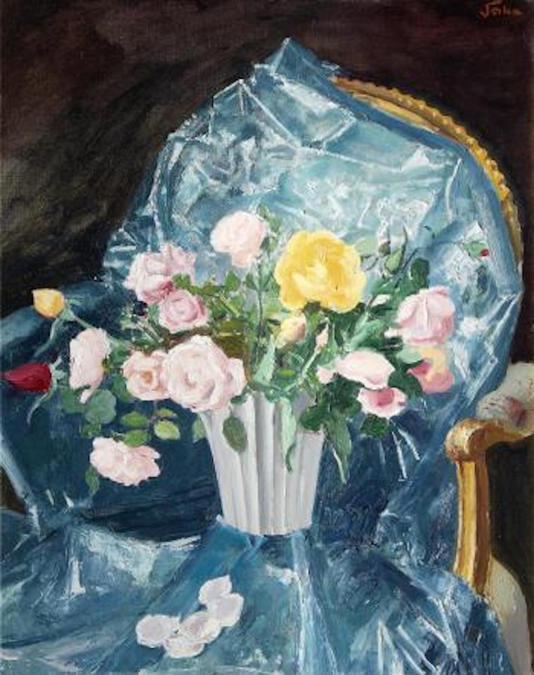 Still life with roses and blue drapery by Augustus Edwin John