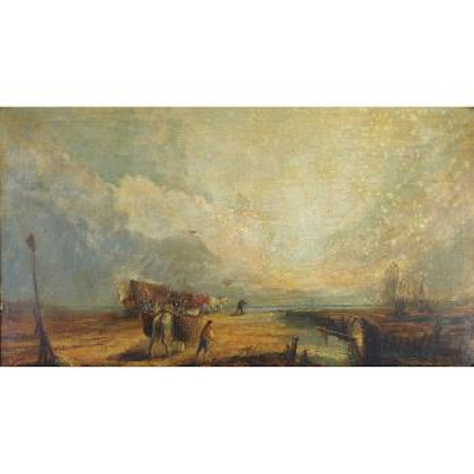 Lancashire sands. Fisherfolk on the beach. Beached boat by William Trost Richards