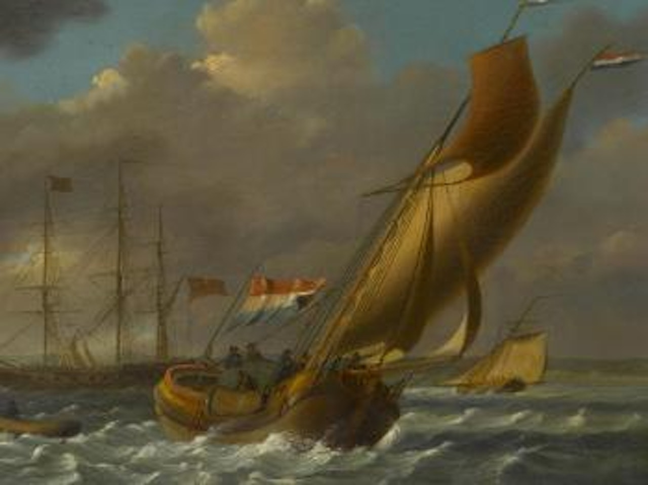 English warships, a cutter yacht and other shipping in a stiff breeze in the Downs by Charles Martin Powell