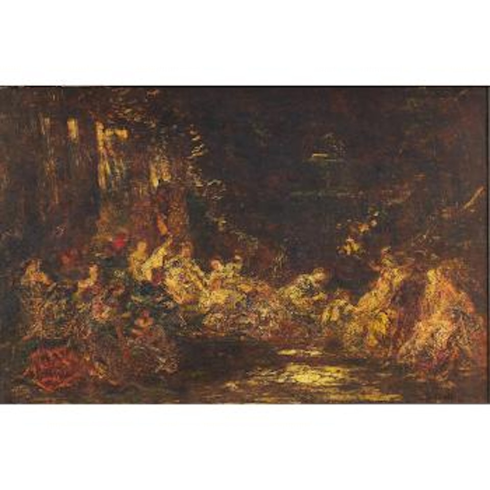 Elegant ladies at a woodland bathing pool by Adolphe Monticelli