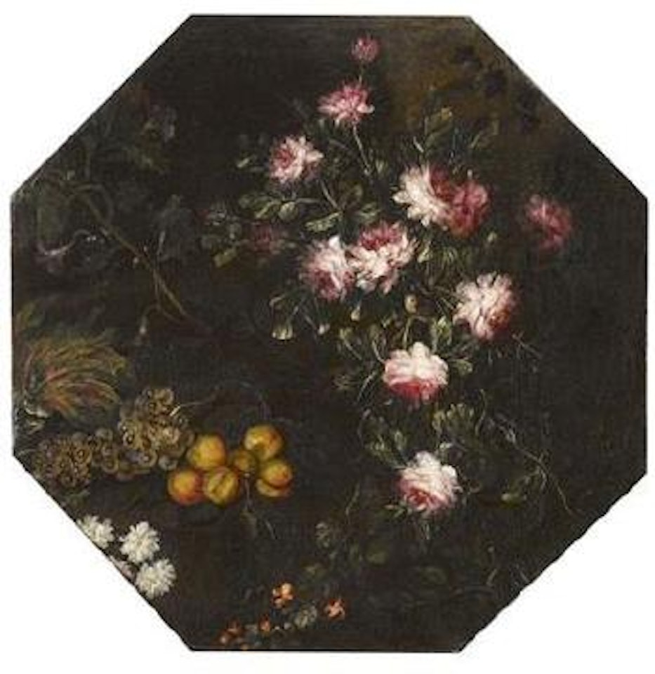 Two still lifes of flowers in vases and fruit by Venetian School