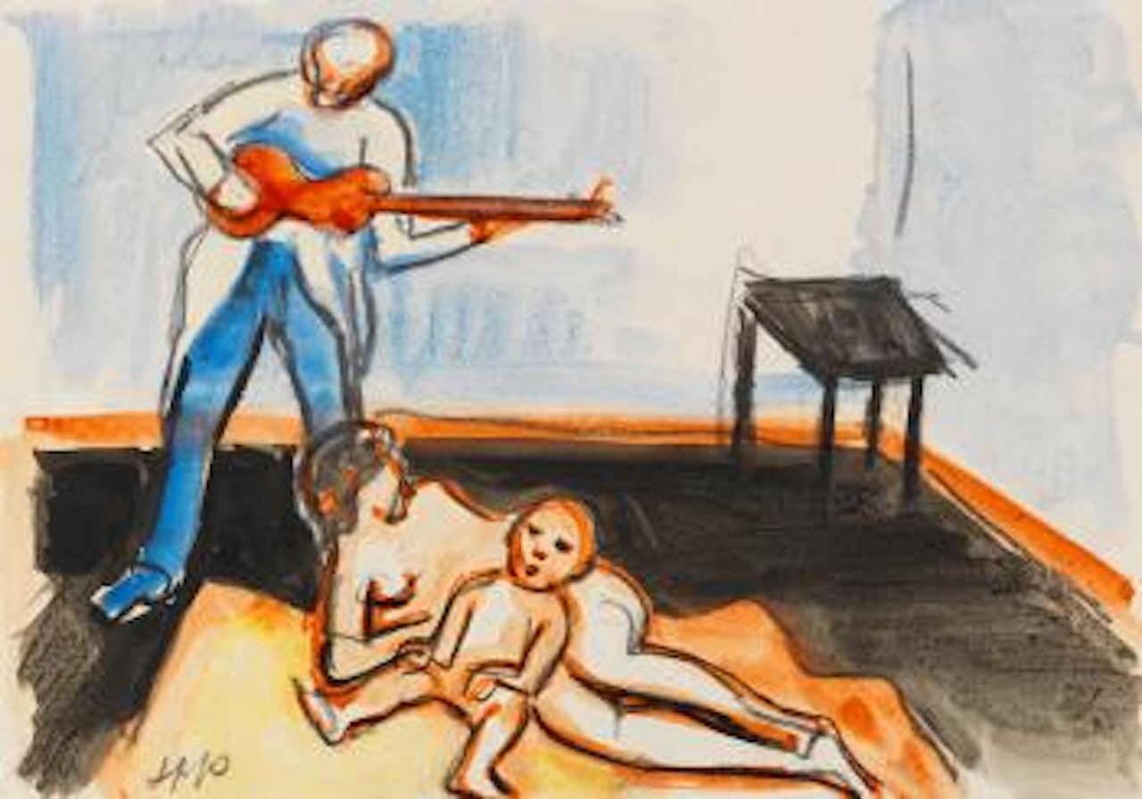 Geschwisterakte mit Lautenspieler by Max Pechstein