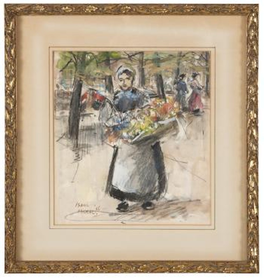 Woman carrying basket of flowers by Isaac Israels