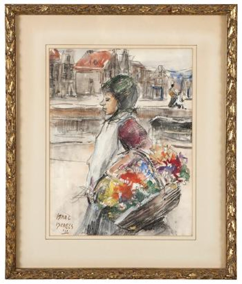 Woman with flower basket walking along a canal by Isaac Israels