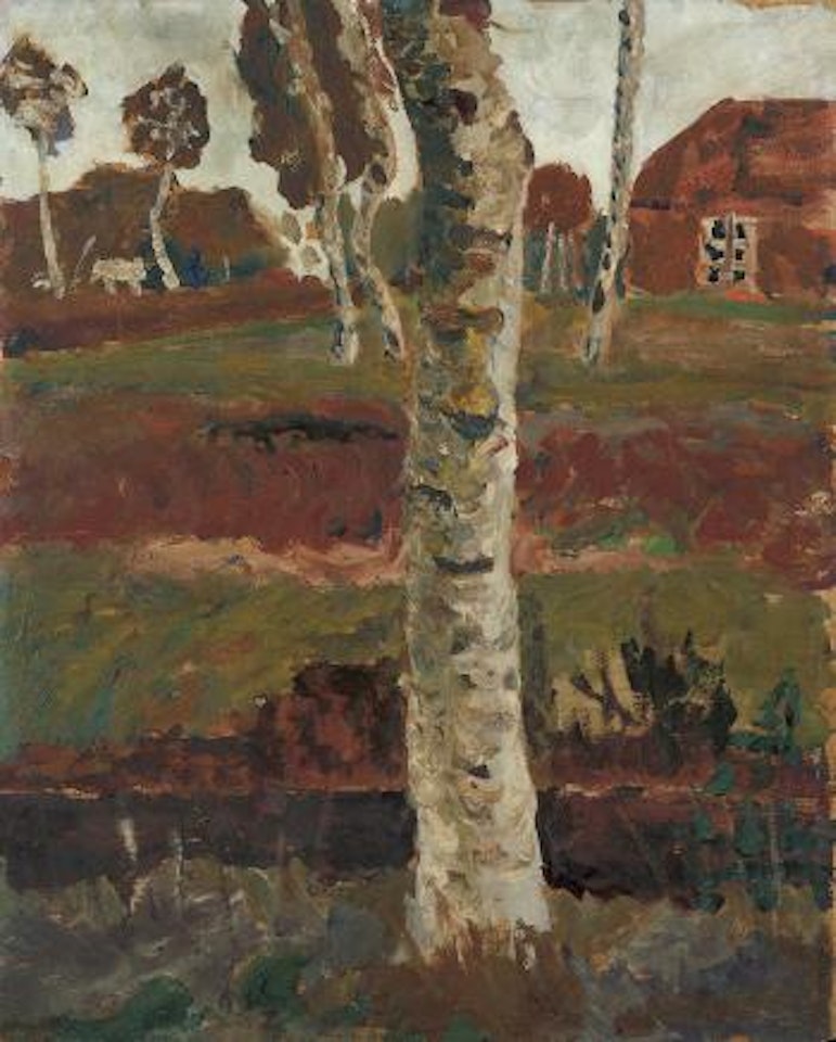 Birkenstamm Am Moorgraben Vor Landschaft Mit Haus by Paula Modersohn-Becker