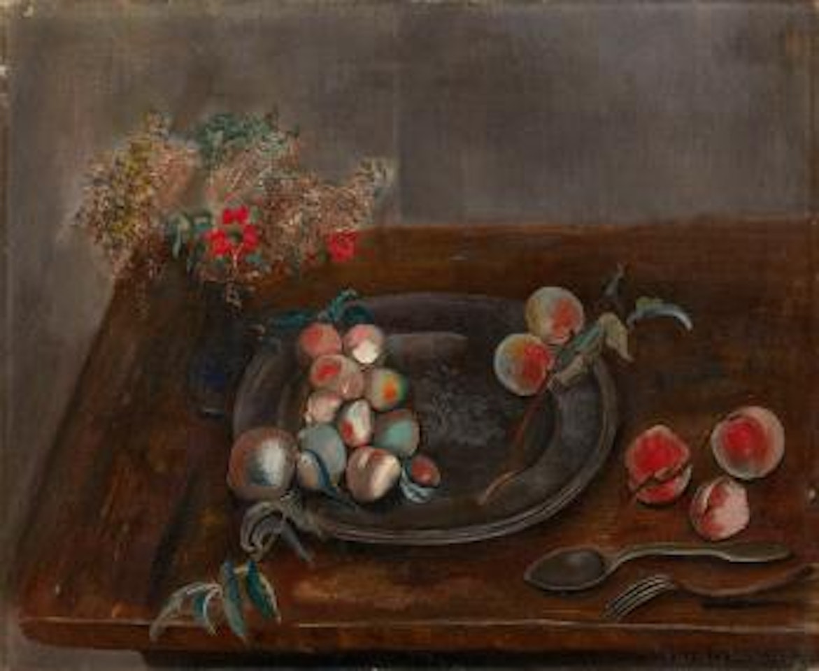 Still life with fruit and flowers on a table by Boris Grigoriev