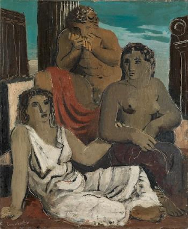 Drei Figuren in einer klassischen Ruinenlandschaft by Jean Souverbie
