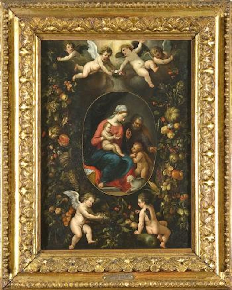 La Sacra Famiglia con San Giovannino in una ghirlanda di frutti ed ortaggi con angeli by Jan Brueghel the Younger