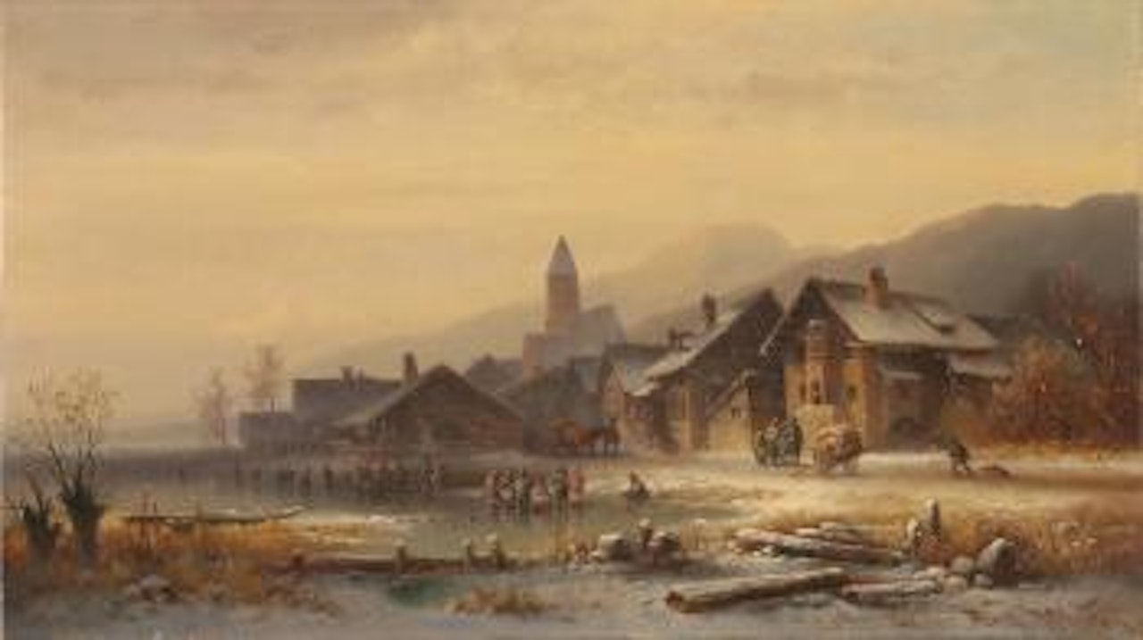 Winterliche Dorflandschaft an einem gefrorenen See by Anton Doll