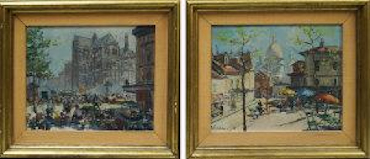 View of Place du Tertre. Sacre Cœur, Paris. Busy Parisian street scene by Georgij Aleksandrovic Lapschin