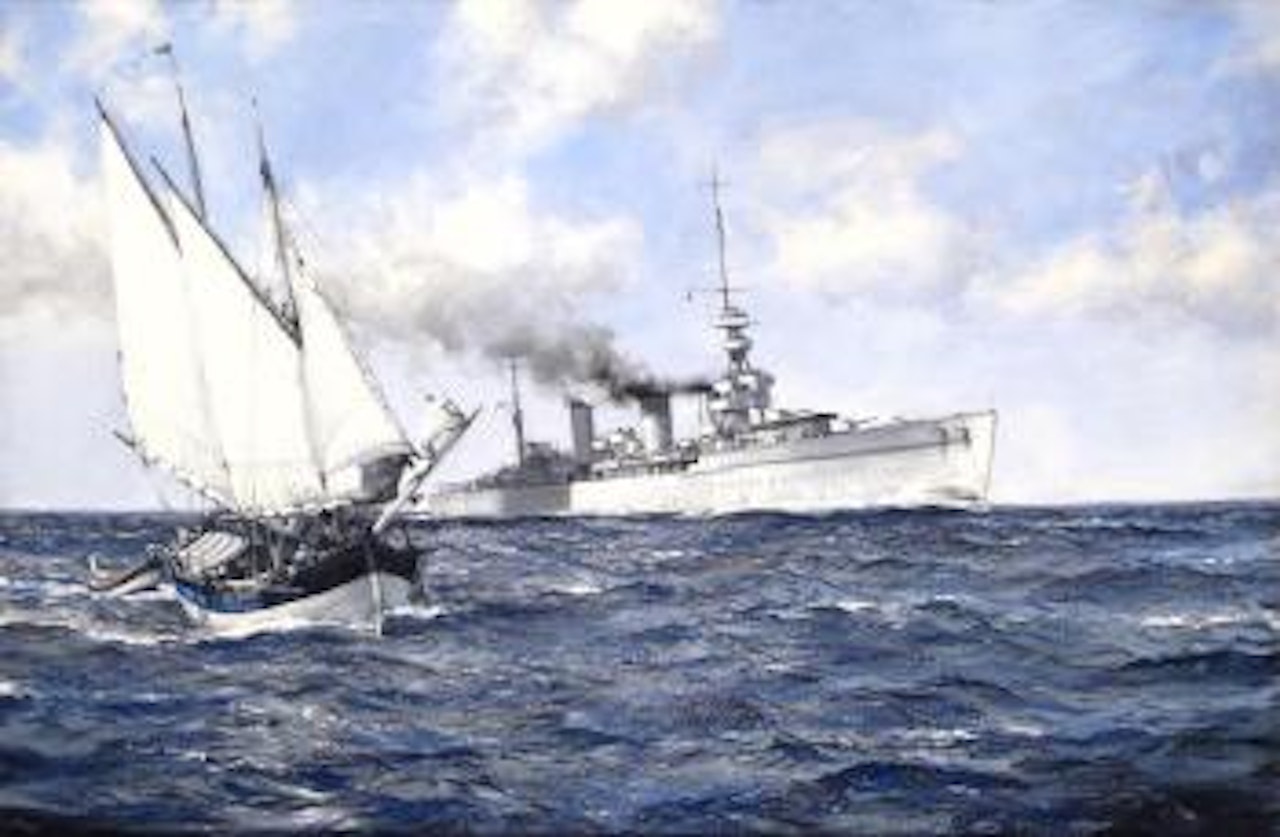 The light cruiser H M S Emerald and a two masted vessel in the Mediterranean by Montague Dawson