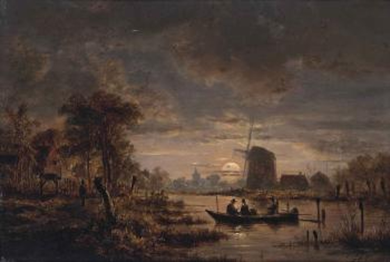 A moonlit river landscape with a boat and a windmill beyond by Henry Pether