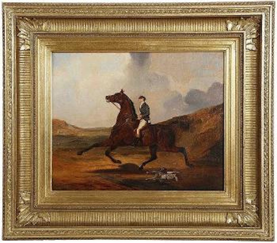 Man on horseback in a landscape with two terriers by Alfred de Dreux